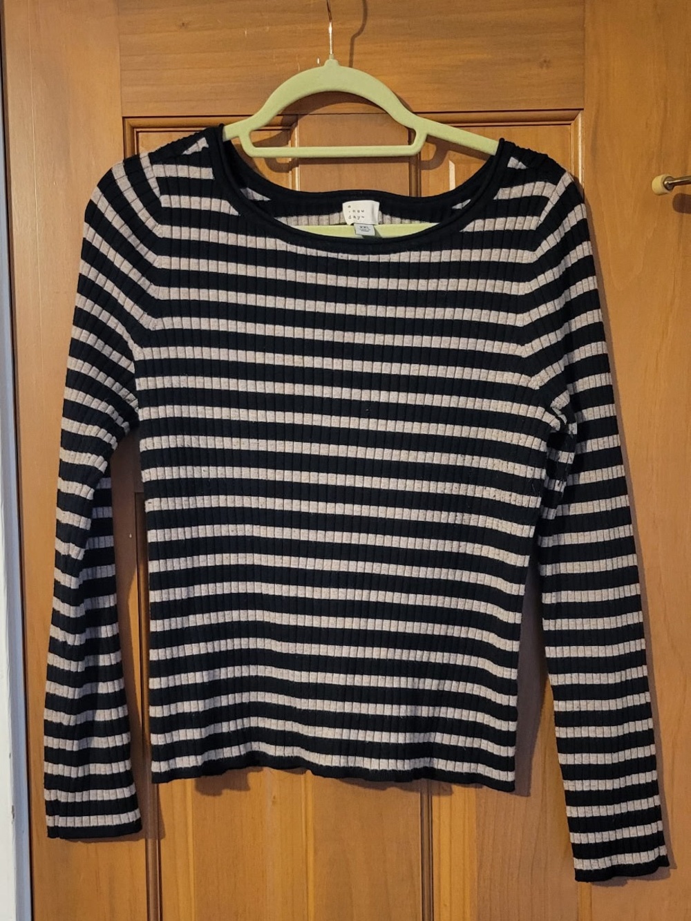 A New Day XXL Black & Beige Striped Ribbed Long Sleeve Top